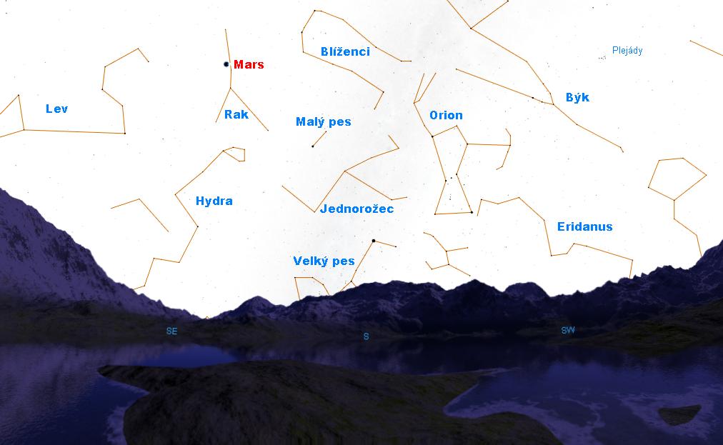 Mapka oblohy pro únor 22h (Vygenerováno: Starry Night Pro 5